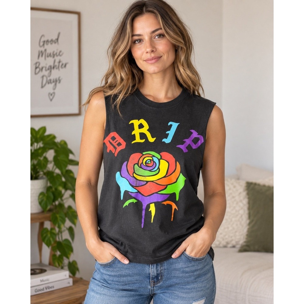Black Graphic Tank Top Rainbow Rose RIP Sleeveless Muscle Tee Womens Small